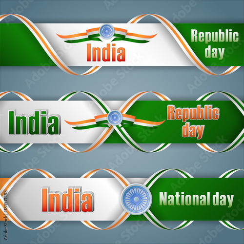 Set of web banners with 3d texts, spinning wheel and Indian flag colors for 26th of January, India, Republic day, celebration; Vector celebration