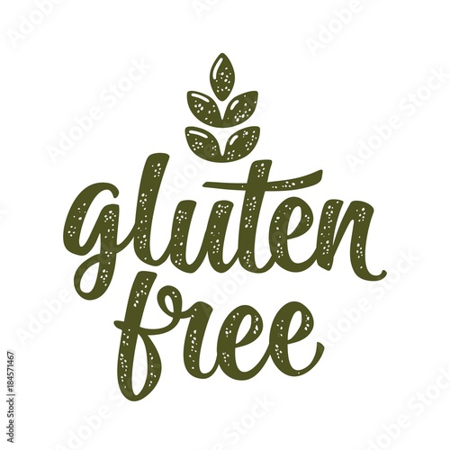 Gluten free lettering with leaf. Vector dark green vintage illustration
