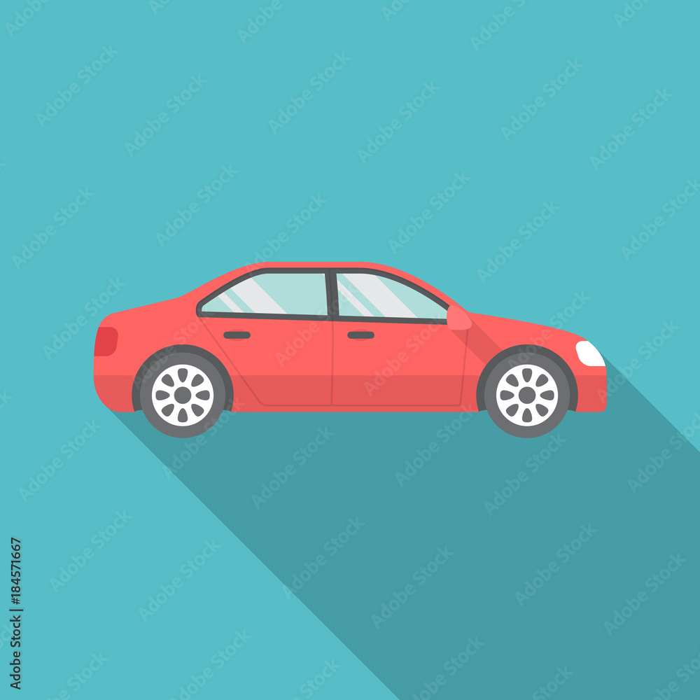 Car icon with long shadow. Flat design style. Car simple silhouette. Modern, minimalist icon in stylish colors. Web site page and mobile app design vector element.