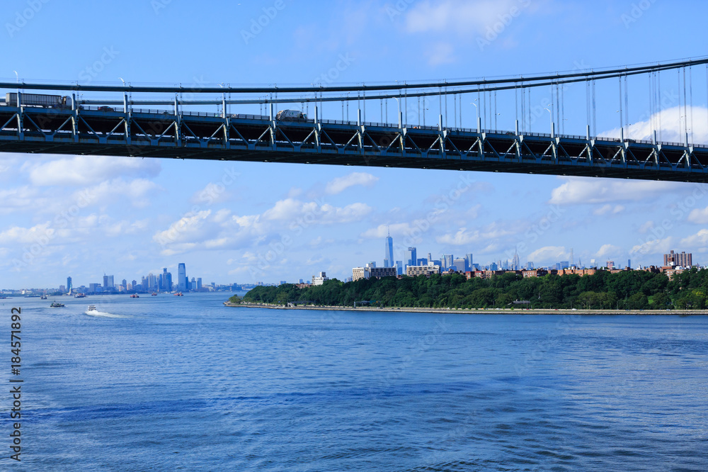 Span of Verrazano Bridge with New York City in Background