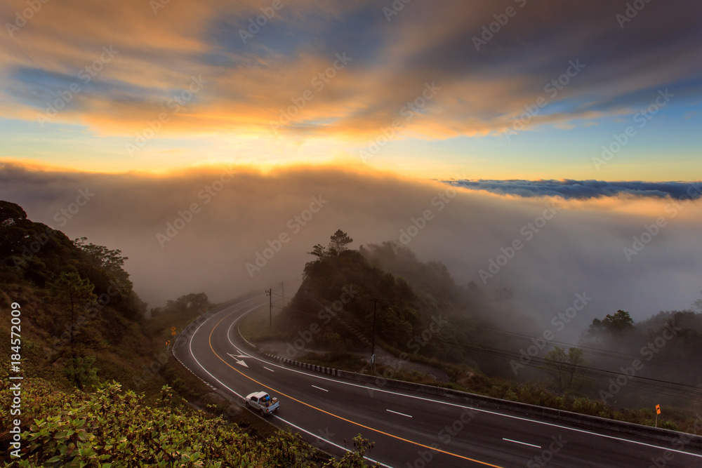 The sea of mist over the mountains and beautiful misty landscape at Doi Inthanon National Park in northern of Thailand, Chiang Mai Province, Thailand