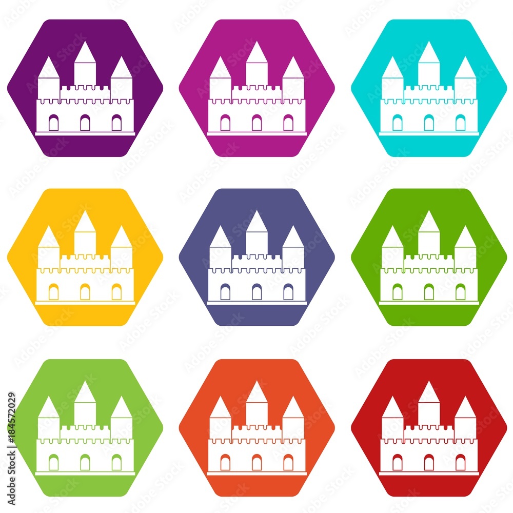 Castle tower icon set color hexahedron