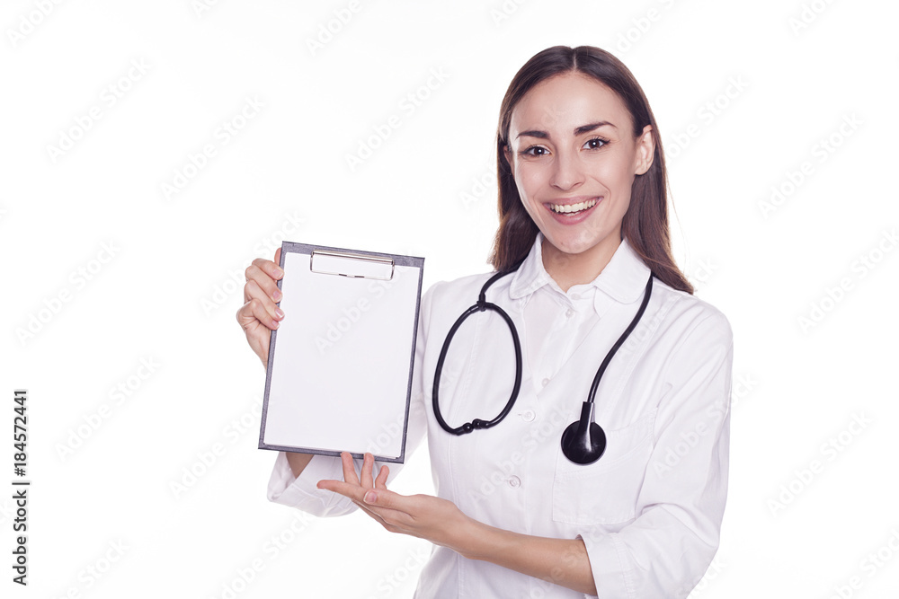 Smiling beautiful Woman doctor with tablet for notes in her hands and looking into the camera isolated on white background. Smiling beautiful Woman doctor with tablet for notes in her hands and looking into the camera isolated on white background.