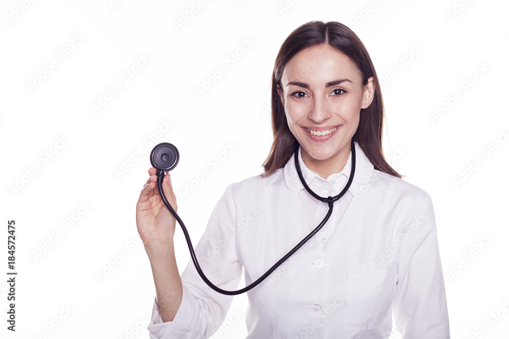 Portrait of happy smiling young female doctor with stethoscope isolated over white Portrait of happy smiling young female doctor with stethoscope isolated over white