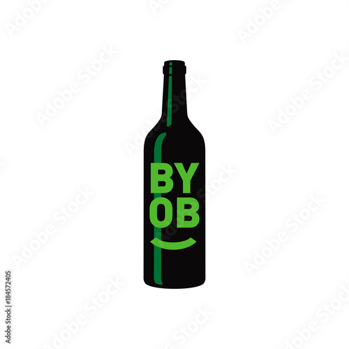 BYOB, аббревиатура от Bring Your Own Bottle, Захвати себе бутылку, зелёная,  иллюстрация, вектор