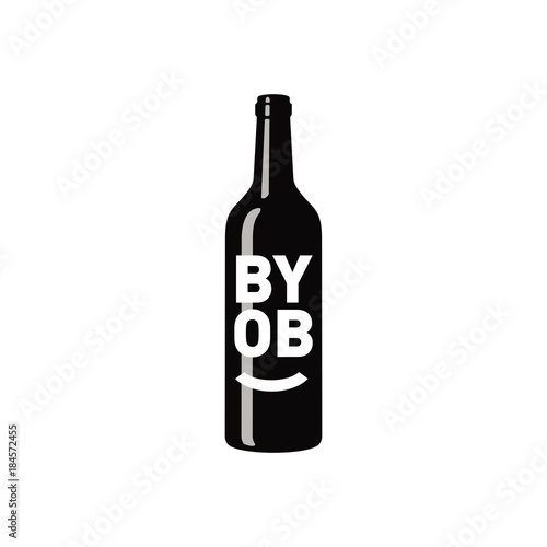 BYOB, аббревиатура от Bring Your Own Bottle, Захвати себе бутылку, чёрная, иллюстрация, вектор