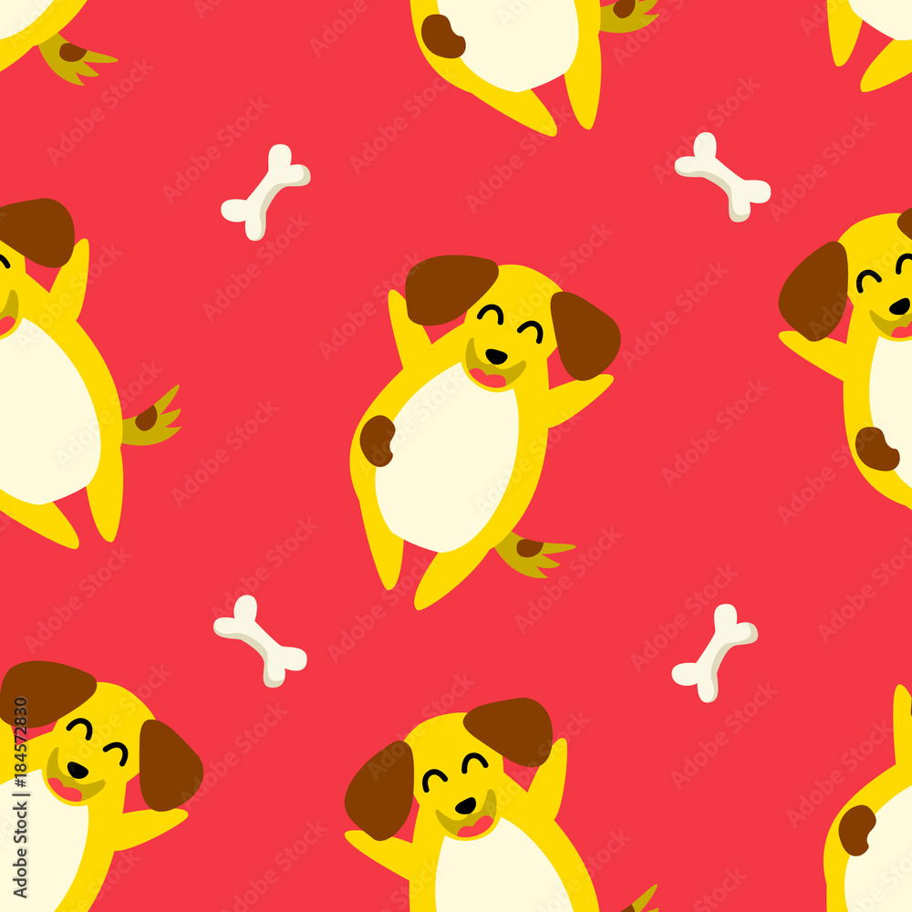 Seamless pattern with yellow dog  and bone on red background. Ornament for textile and wrapping. Vector.