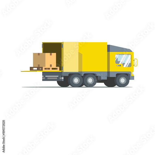 Truck with pallet and a package on the loading platform. Flat vector design illustration.