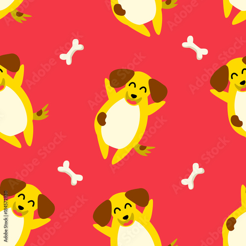 Seamless pattern with yellow dog and bone on red background. Ornament for textile and wrapping. Vector.