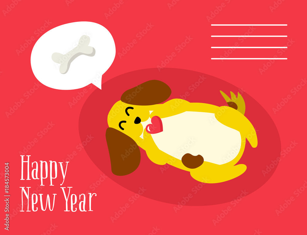 Happy New Year postcard with cute dog dreaming about a bone on red background. Flat style. Vector. Happy New Year postcard with cute dog dreaming about a bone on red background. Flat style. Vector.