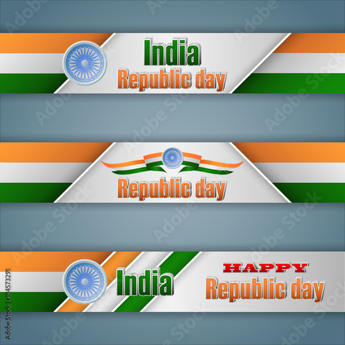Set of web banners with 3d texts, spinning wheel and Indian flag colors for 26th of January, India, Republic day, celebration; Vector celebration