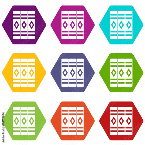 Three literary books icon set color hexahedron