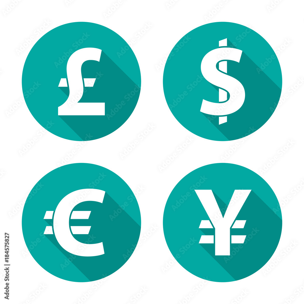 Currency exchange circle icons with long shadow. Dollar, euro, pound, yen. Flat design style. Currency simple silhouette. Modern round color icons. Web site page and mobile app design vector element. Currency exchange circle icons with long shadow. Dollar, euro, pound, yen. Flat design style. Currency simple silhouette. Modern round color icons. Web site page and mobile app design vector element.