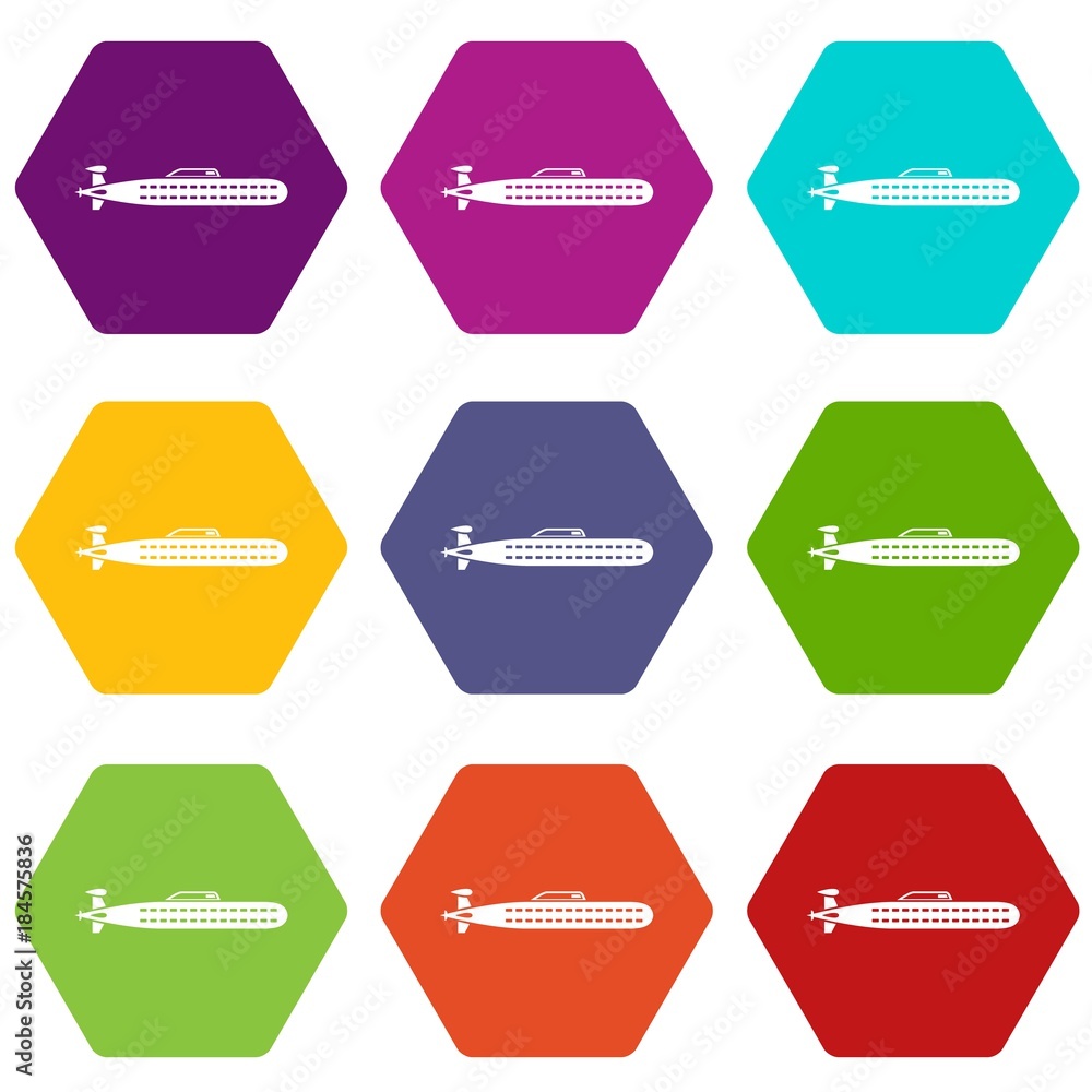 Submarine icon set color hexahedron Submarine icon set color hexahedron