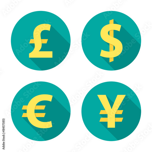 Currency exchange circle icons with long shadow. Dollar, euro, pound, yen. Flat design style. Currency simple silhouette. Modern round color icons. Web site page and mobile app design vector element.