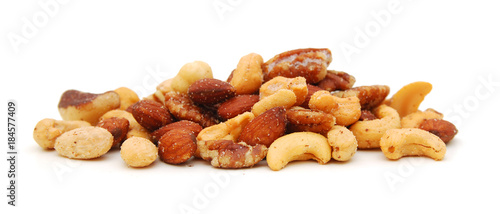 Mix of nuts close up on white