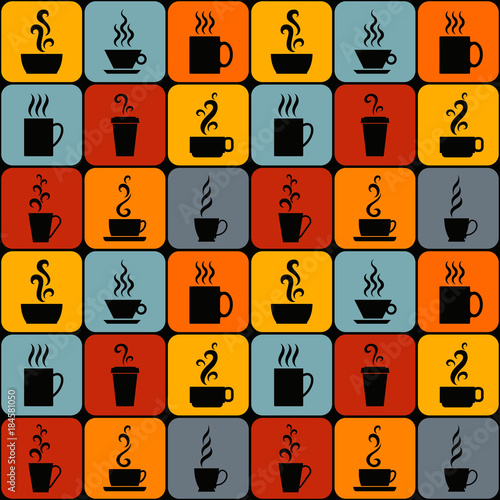 Bright tiles with hot drinks in mugs and cups. Vector pattern.