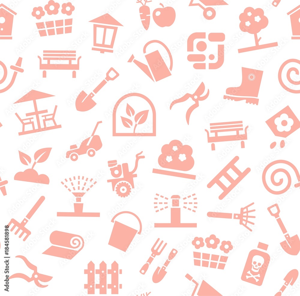 Landscape design, seamless background, pink and white, vector. Background with equipment for gardening and horticulture. Pink, flat pictures on a white field. Arrangement of land. Landscape design, seamless background, pink and white, vector. Background with equipment for gardening and horticulture. Pink, flat pictures on a white field. Arrangement of land.
