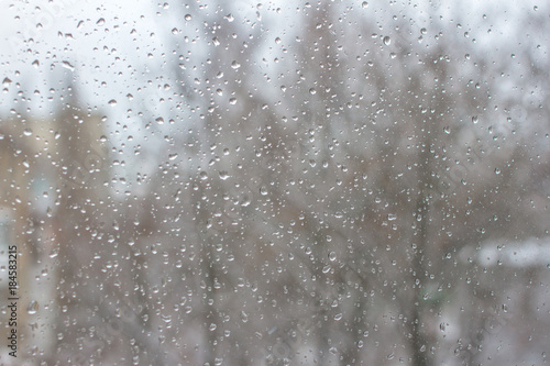 Raindrops on window with tree background. Snow and rain weather. Bubble background. Rain drops on a glass.