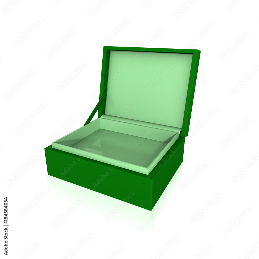 Opened cardboard box for packages,gift set on white floor. 3d rendering Opened cardboard box for packages,gift set on white floor. 3d rendering