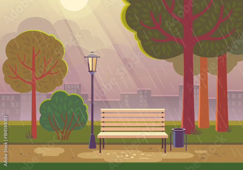 Rainy summer day in the park. Vector illustration of raining in city park with town building background, path, bench and street lamp.
