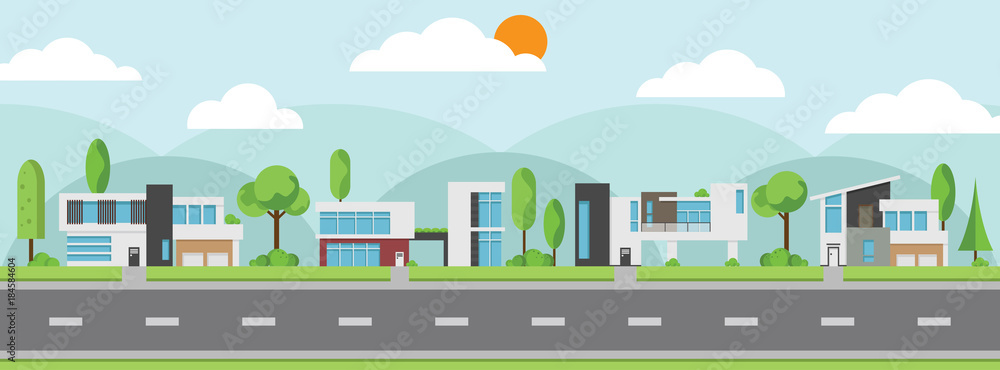 Landscape of modern houses with tree and clouds and along the roads, Modern building and architecture along the roads, Flat home vector illustration. Landscape of modern houses with tree and clouds and along the roads, Modern building and architecture along the roads, Flat home vector illustration.