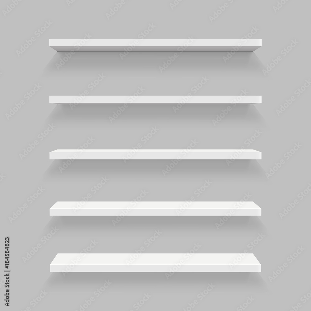Creative vector illustration of empty shelves set on wall isolated on background. Art design template mockup. Abstract concept graphic element for shop