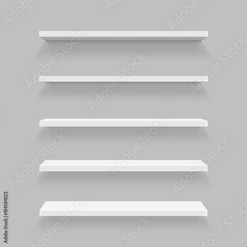 Creative vector illustration of empty shelves set on wall isolated on background. Art design template mockup. Abstract concept graphic element for shop
