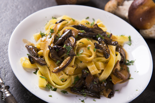 Tagiatelle pasta with creamy sauce with porcini mushrooms