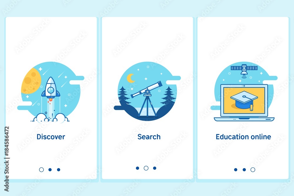 Online education concept in thin flat, linear style.Modern interface UX UI GUI screen template for smart phone or web site banners.