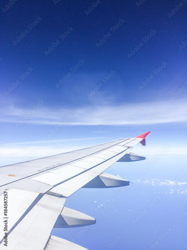 Fototapeta premium Morning blue sky with Wing of an airplane.