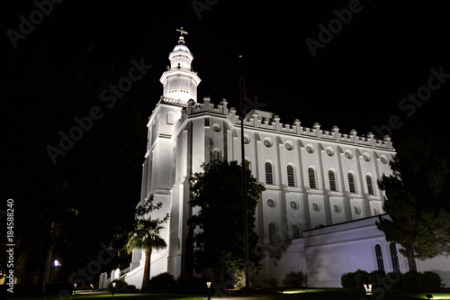 Evening side view of the St. George Temple for the Church of Jesus Christ of Latter Day Saints- the oldest temple that is still active for the church. photo