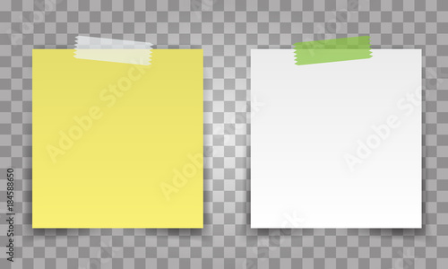 Realistic Office paper sheet pin with transparent tape. White and yellow post note vector for your design.