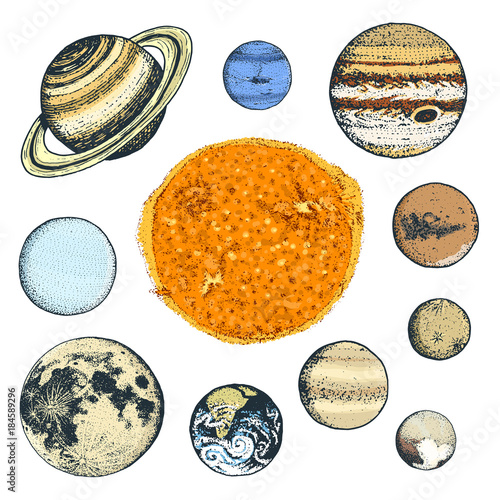 planets in solar system. moon and the sun, mercury and earth, mars and venus, jupiter or saturn and pluto. astronomical galaxy space. engraved hand drawn in old sketch, vintage style for label.