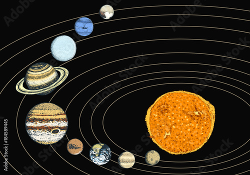 planets in solar system. moon and the sun, mercury and earth, mars and venus, jupiter or saturn and pluto. astronomical galaxy space. engraved hand drawn in old sketch, vintage style for label.