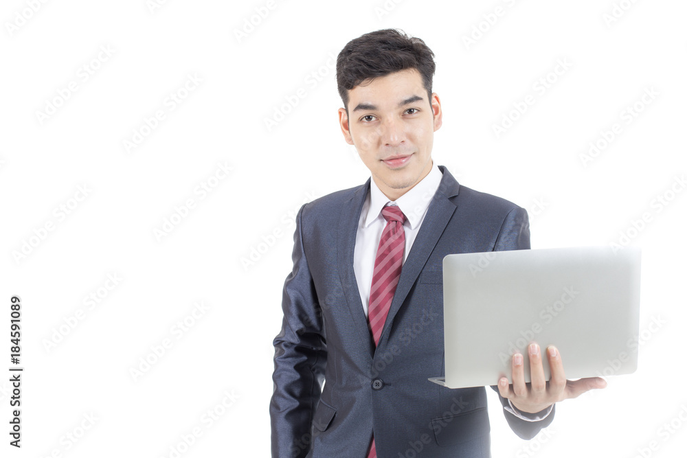 Asian Businessman standing and holding laptop on White Background with Success feeling, Business Success Concept, isolated on white background. Asian Businessman standing and holding laptop on White Background with Success feeling, Business Success Concept, isolated on white background.