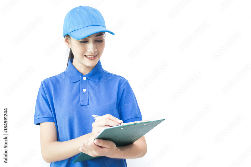 Young Asian Woman with Delivery service worker in uniform. Woman holding clipboard with attractive smiling isolated on white background. Young Asian Woman with Delivery service worker in uniform. Woman holding clipboard with attractive smiling isolated on white background.
