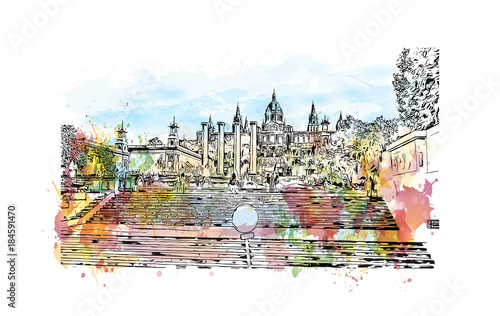 Photography Watercolor painting with splash and sketch of National Museum in Barcelona,Placa De Espanya,Spain in vector illustration