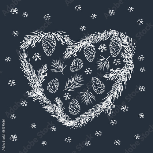 Happy New Year. Merry Christmas.  Winter heart with pine branches, cones and snowflakes. Heart composed of white line art on dark background. Sketch, design elements. Vector.