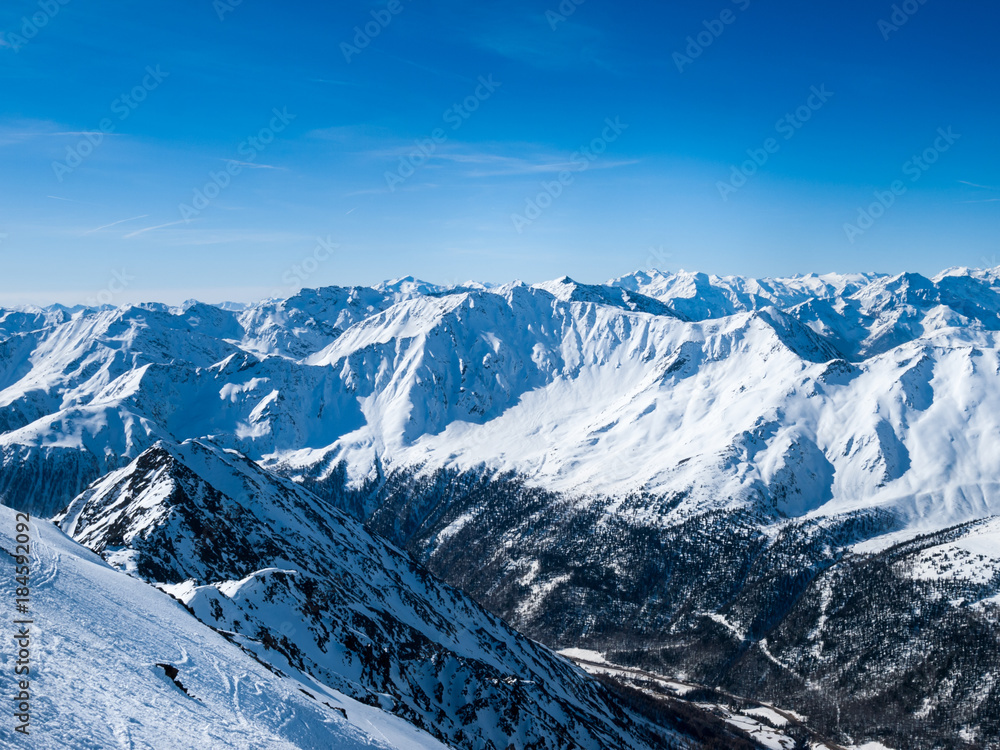 Italian Alps around Maso Corto. Beautiful view of the mountains in winter in a popular ski resort.