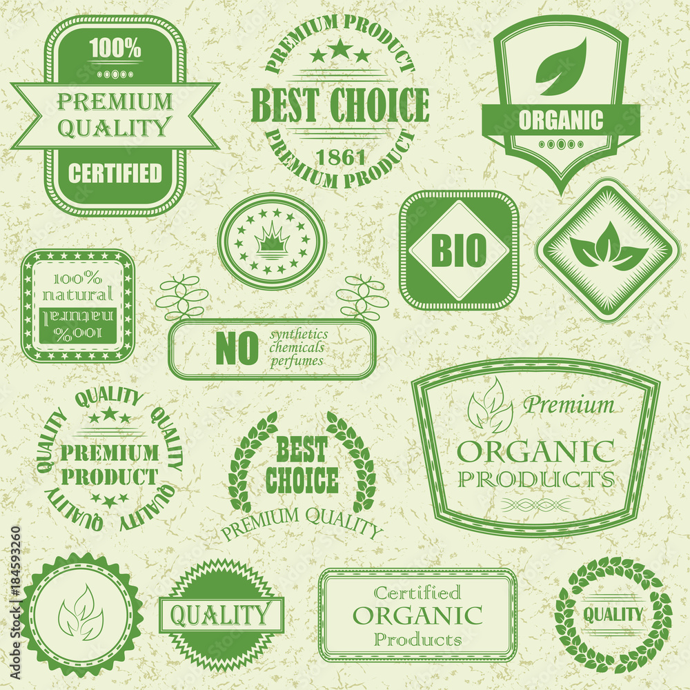 Organic labels and elements. Natural organic product labels, emblems and badges. Vector set of design elements