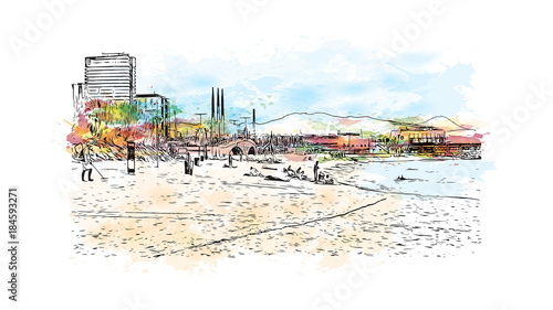 Watercolor painting with splash and sketch of Barcelona Beach, Spain in vector illustration.