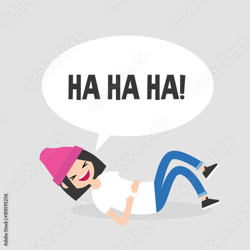 Rolling on the floor laughing. Conceptual illustration. Young female character having fun. Humor. Flat editable vector illustration, clip art