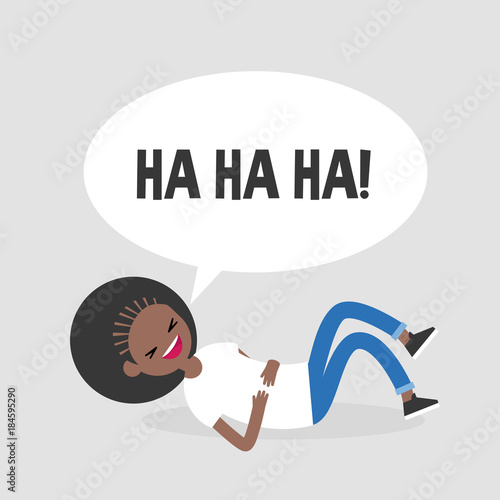 Rolling on the floor laughing. Conceptual illustration. Young black female character having fun. Humor. Flat editable vector illustration, clip art