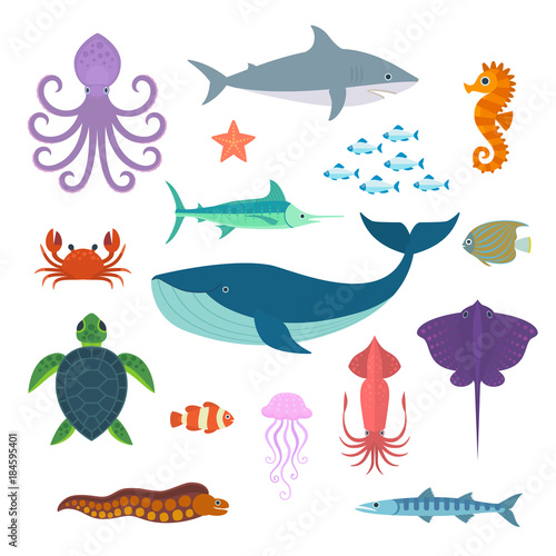 Set of vector marine fish and animals. Vector Set of Sea Creatures.