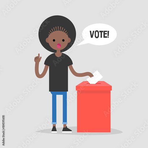 Vote, conceptual illustration. Young female black character calling for participation in elections / flat editable vector illustration, clip art
