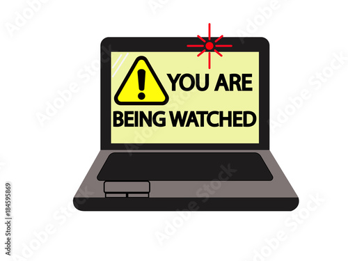 Laptop computer with warning sign about spying with webcam by a hacker or spyware. Isolated on white background.