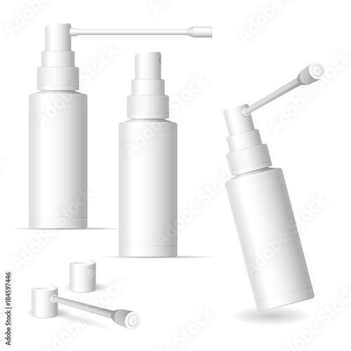 Matte plastic bottle with long and short nozzle sprayer for oral spray. 60 ml. Photo-realistic packaging mockup template.