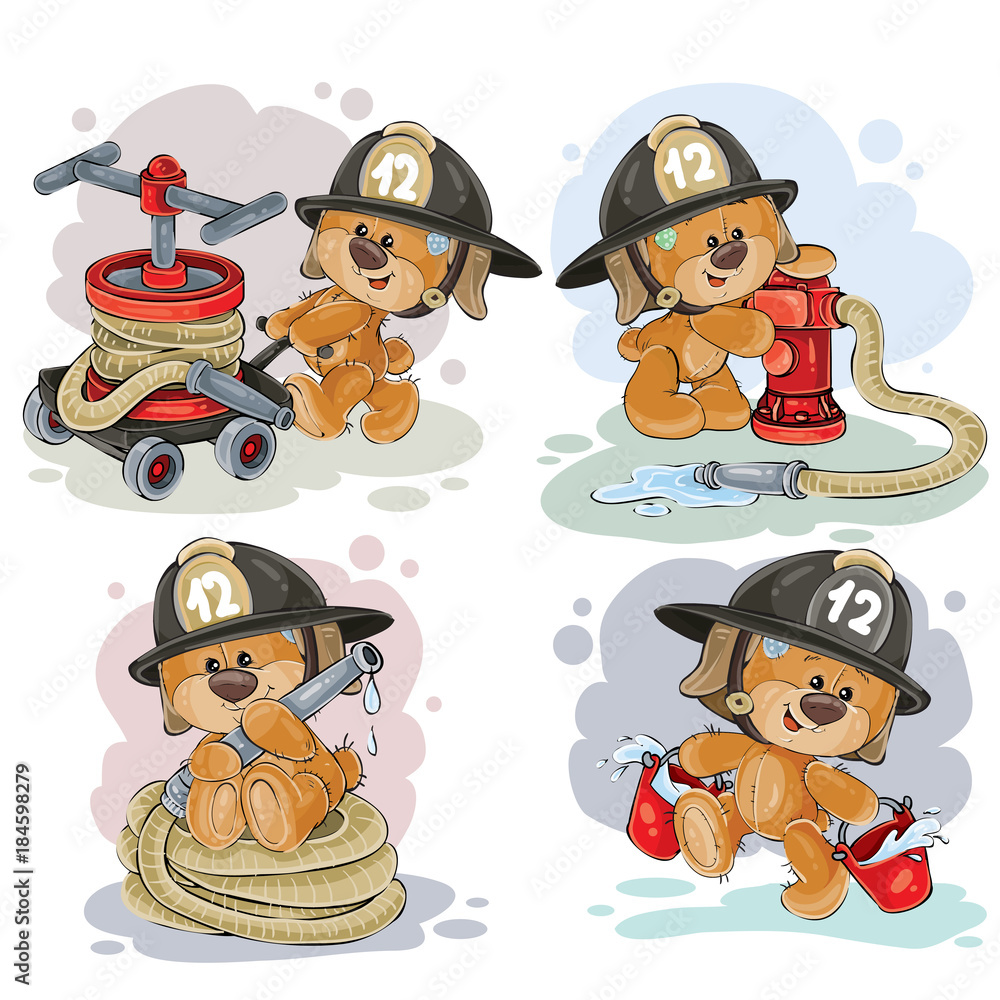 Naklejka premium Clipartów ilustracja strażaka misia ze sprzętem ratowniczym, wężem, hydrantem, z wiadrem na białym tle. Poligrafia, elementy projektu.
