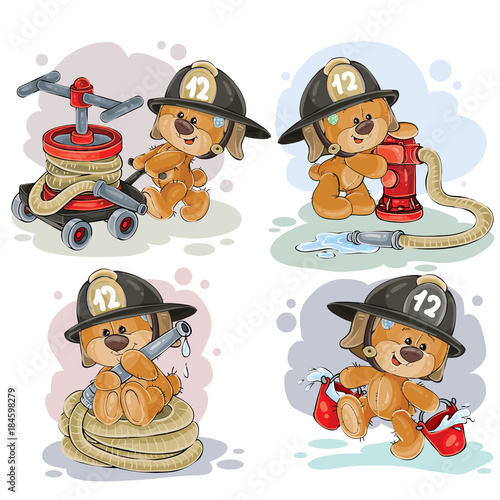 Clipart illustration of a teddy bear fireman with rescue equipment, hose, hydrant, with a bucket isolated on white. Polygraphy, design elements.